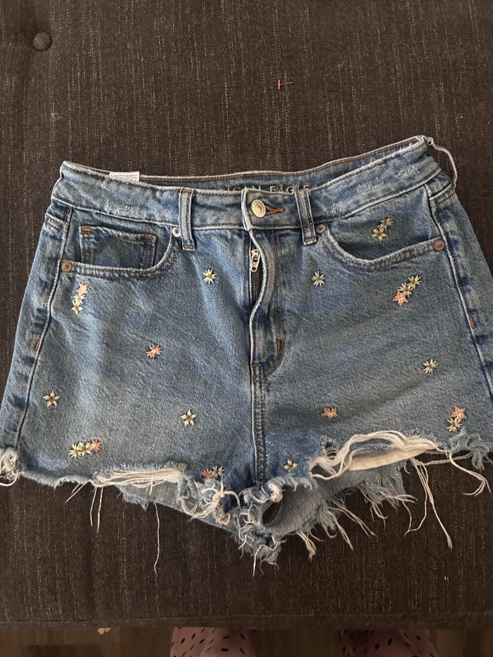 American Eagle Embroidered Floral Distressed Denim Mom Shorts Size 4